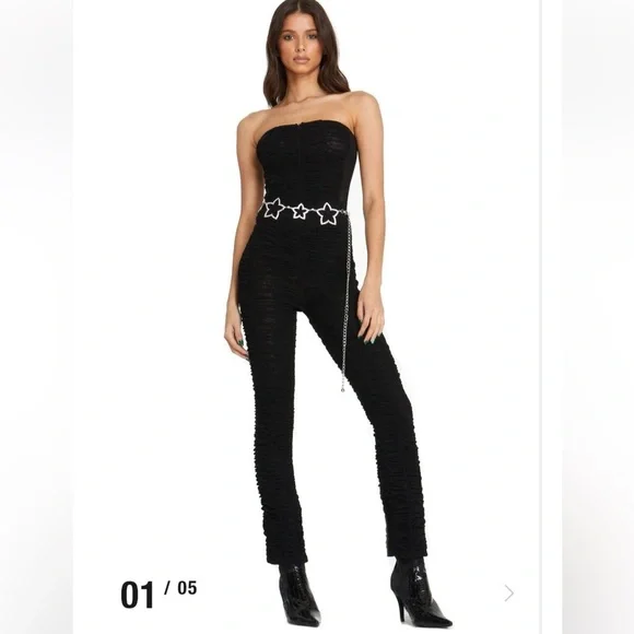 I.AM.GIA Ophelia black strapless mesh ruched jumpsuit club party festival medium